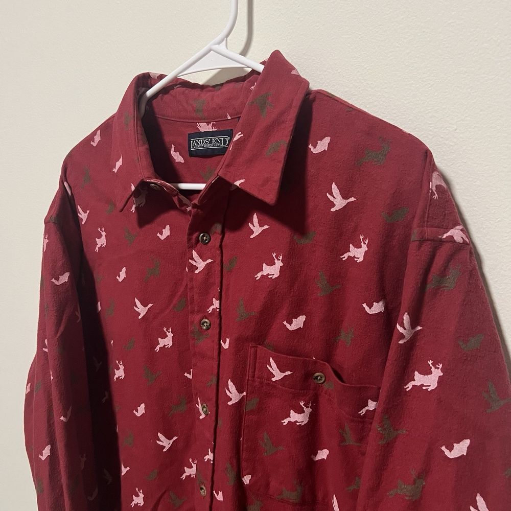 Vintage 90s Lands End Shirt Mens XL Reindeer Christmas Flannel Long Sleeve USA